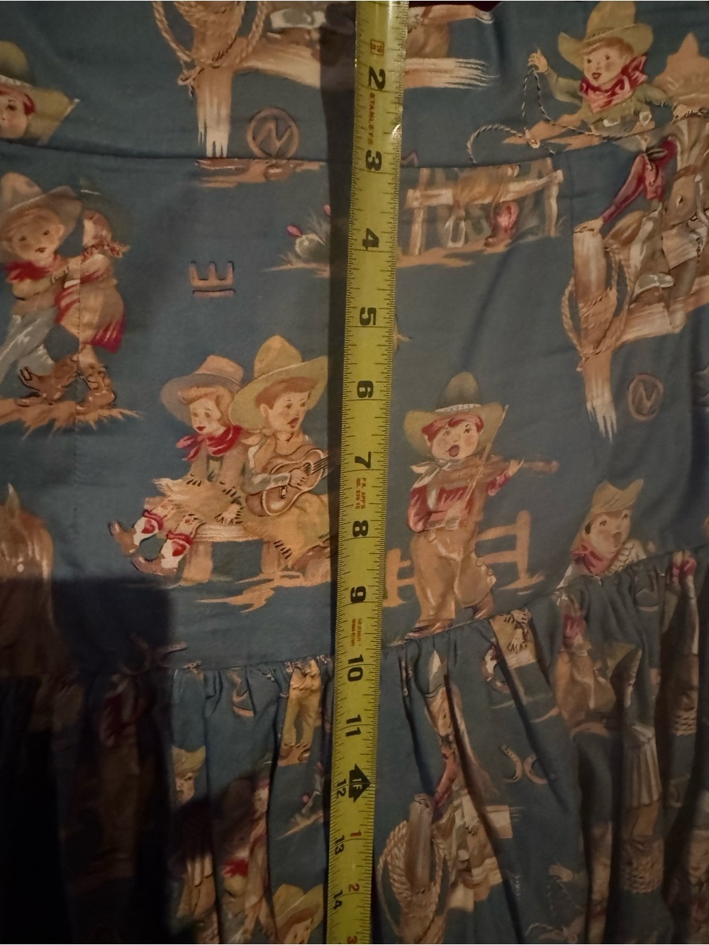 Vintage-Inspired Baby Cowboy Print Tiered Midi Skirt in Turquoise Blue 6 - Picture 4 of 7